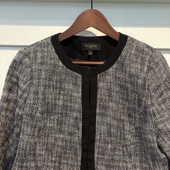 Talbots Tweed Blazer Petite 10P Black Classic Preppy Suit Jacket Grosgrain Trim - Picture 3 of 16